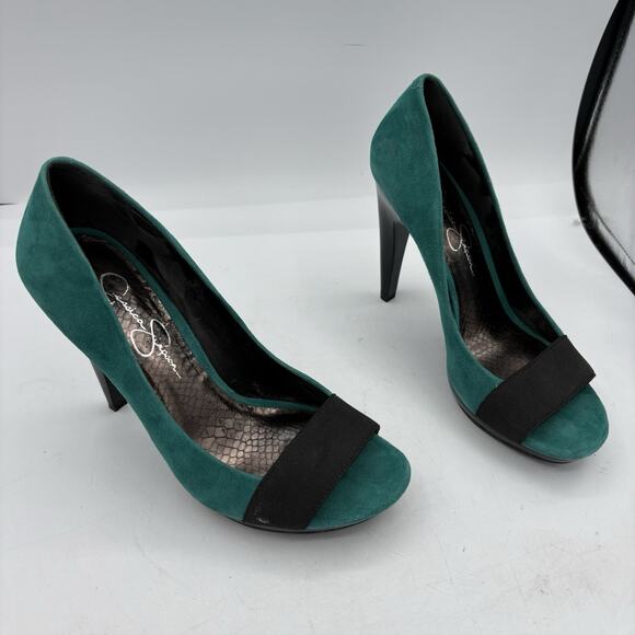 Jessica‎ Simpson Heels Womens Size 7.5 Kairie Green Snake Leather Peep Toe Pumps - Picture 1 of 10